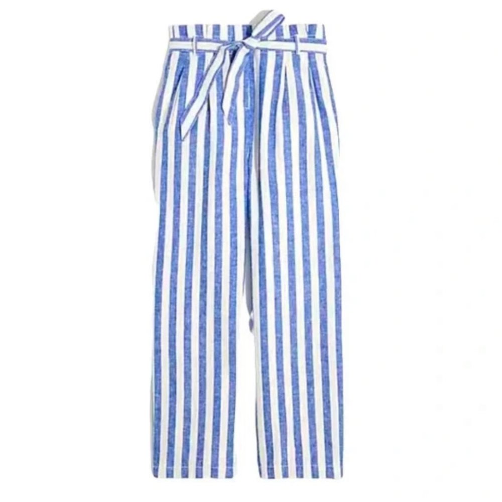 J. Crew linen blue and white striped paper bag pants